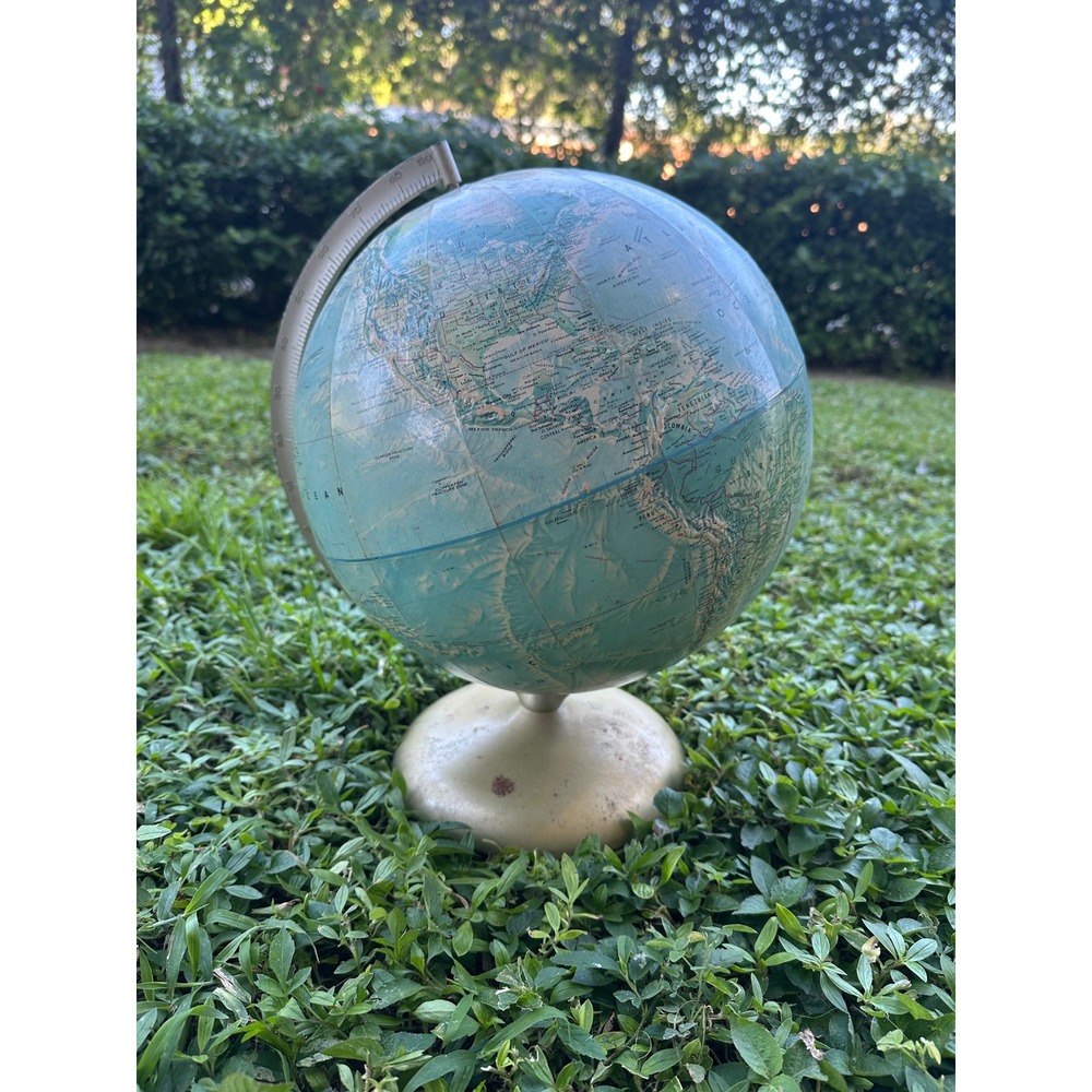 Vintage World Globe Blue Ocean Metal Base Mid Century Modern Decor 12 Inch